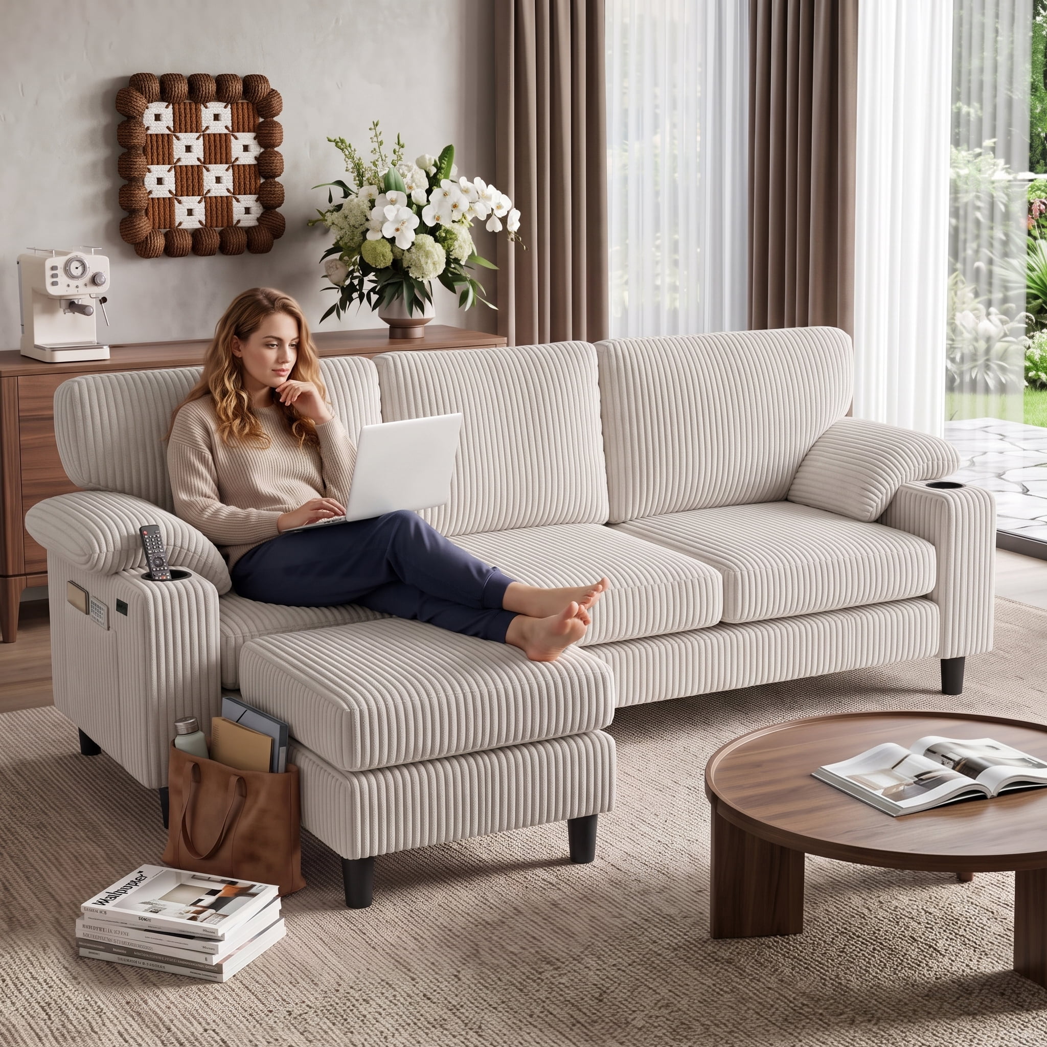 Anpport 80" L‑Shaped Corduroy Sectional Sofa, 3‑Seater Couch with Storage Ottoman, USB Port & Cup Holders for Small Spaces, Beige