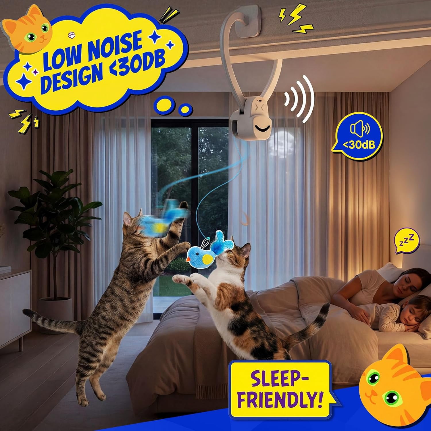 Interactive Cat Toys for Indoor Cats - Automatic Flying Bird & Mouse Doorway Hanging Toy, USB Rechargeable Electric Kitten Toy for Hunting Instinct, Enrichment & Exercise, 2 Birds & 1 Mouse