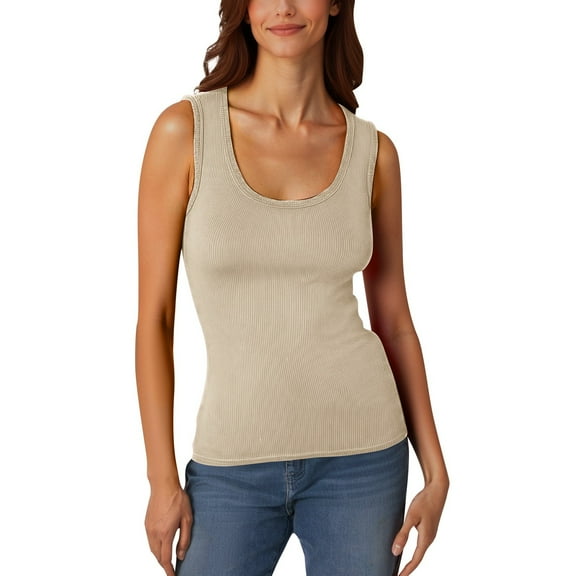 XIAOCHA Women's Ribbed Knit Tank Top Scoop Neck Sleeveless Slim Fit Blouse Soft Casual Everyday Layering Shirt