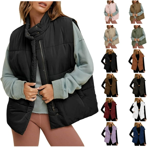 UPPADA Puffer Vest for Women Lightweight Sleeveless Down Vest Solid Color Zip up Outwear Winter Warm Padded Jackets Fall Quilted Coats with Pockets abrigos de invierno para mujer Black,L
