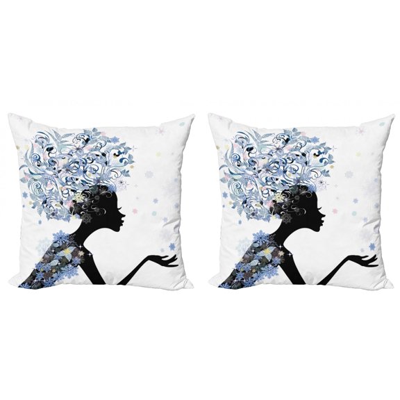 Ambesonne Retro Throw Pillow Cover 2 Pack, Flower Haired Snowflakes, 16", Slate Blue and Black