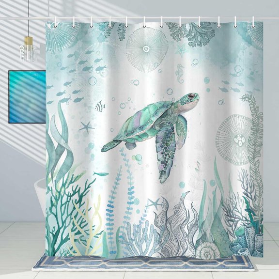 Sea Turtle Shower Curtain, Blue Teal Ocean Beach Decor Bathroom Curtains, Nautical Coastal Fish Beachy Summer Animal Seashell Kids Theme Waterproof Fabric Shower Curtain Set with Hook, 72x72in