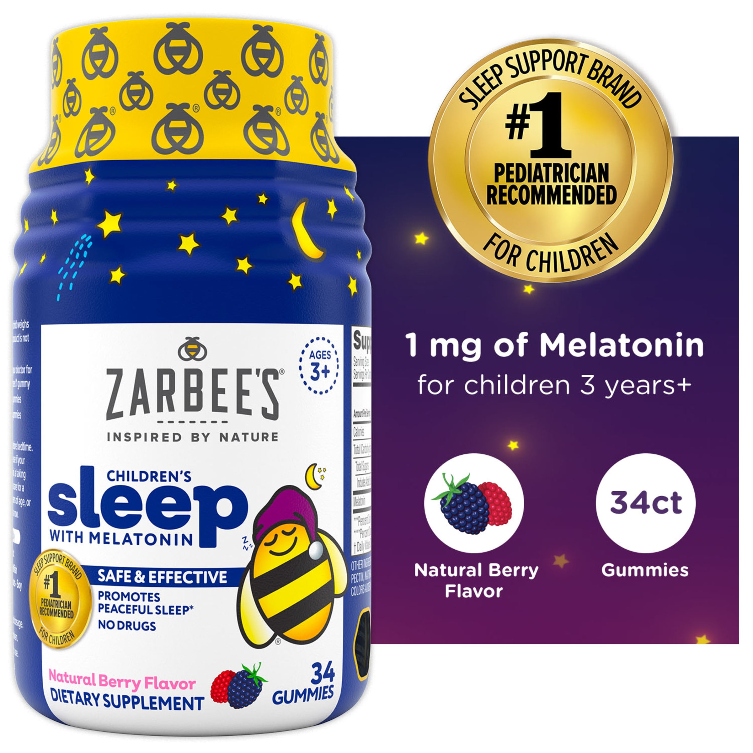 Zarbees Kids Sleep 1mg Melatonin Gummy Supplement, Non-Habit Forming, Berry, 34ct