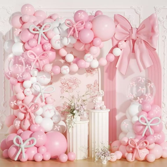 SKTMH 194Pcs Bow Balloon Garland Arch Kit Coquette Birthday Decorations Pink White Balloon Arch for Wedding Bridal Shower Girls Birthday Baby Shower Engagement Decorations Coquette Bow Party Supplies