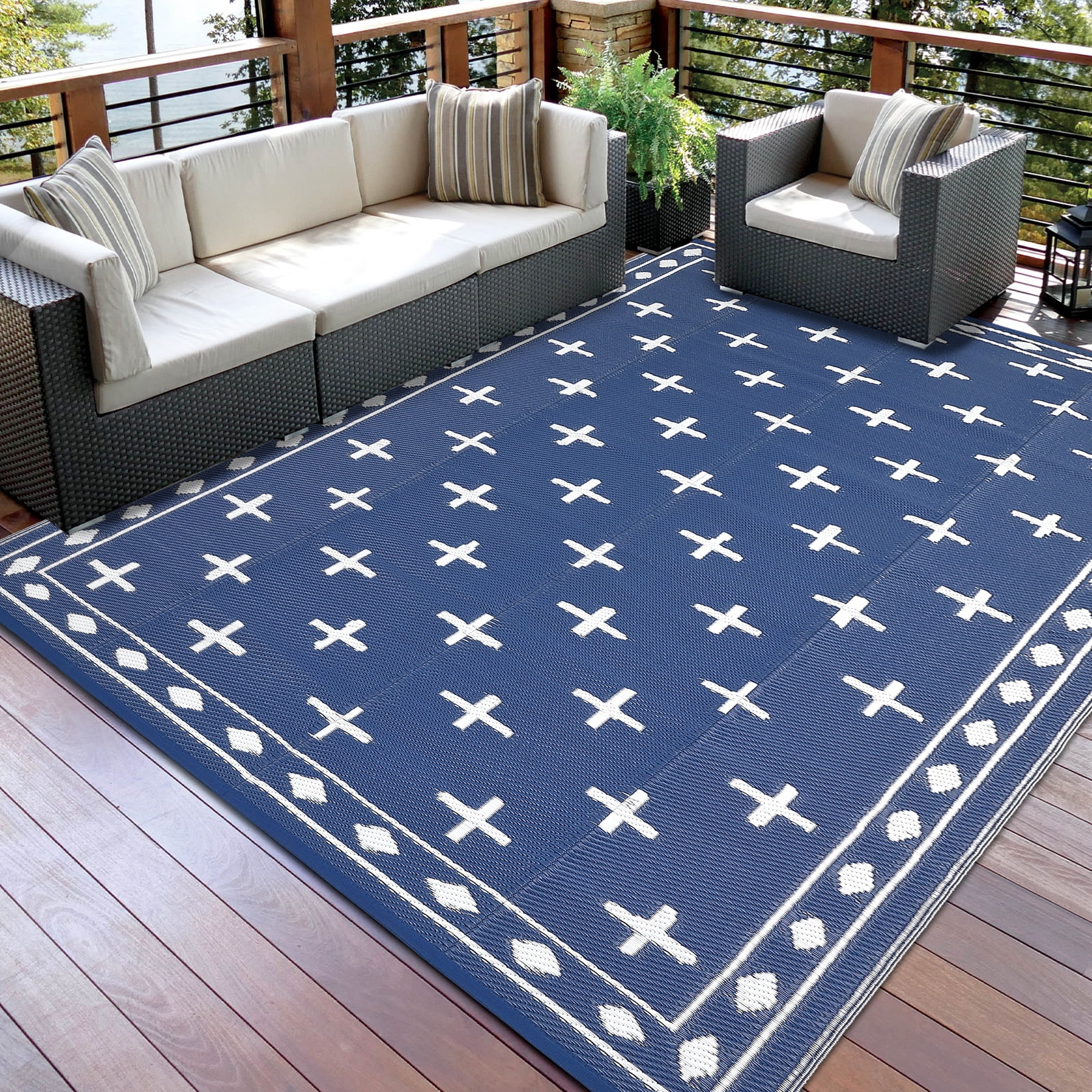Volkmi Reversible Geometric Outdoor Rug – Waterproof, UV Resistant Low-Pile Plastic Mat for Patio, Garden, Camping, Easy to Clean, Large 9x12ft, Deep Blue/White, USA Specs