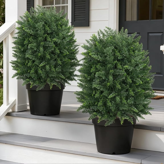 Artificial 28.7 Inches Cedar Topiary Trees with Ground Spike, 2 Pieces Fake Pine Shrubs Bushes, UV Resistant Faux Evergreen Cypress Tree Plants for Indoor Outdoor