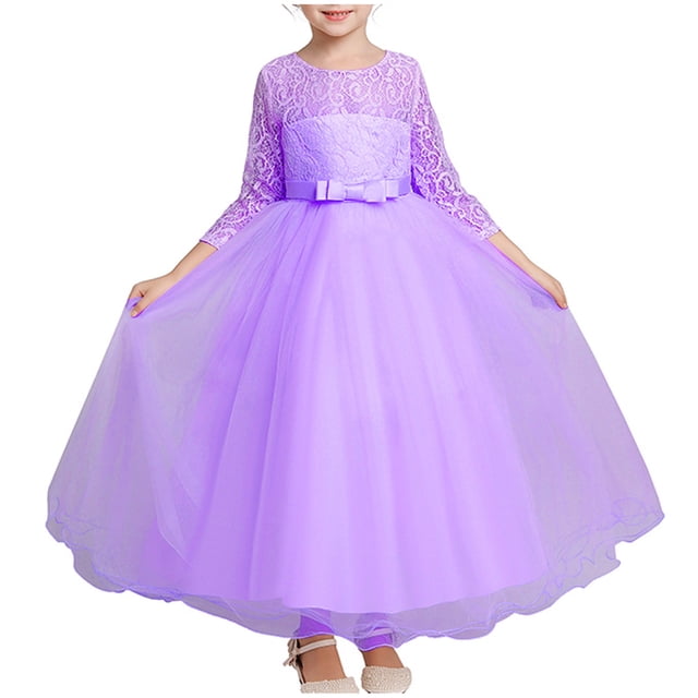 MeetoTime Robe Fille Manches Longues Dentelle Col Rond Broderie Maille Princesse Robes de Soirée 3-12 Ans