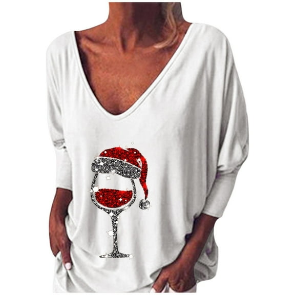 Fiaer Christmas Tshirts Women V Neck Oversized Trendy T Shirts Long Sleeve Glass Funny Back Button Loose Fit Tops White XL