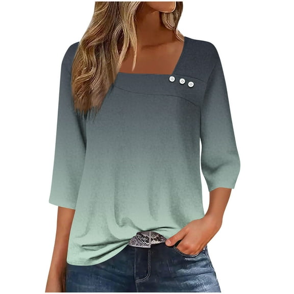 ShiShine Women's 3/4 Sleeve Shirts Square Neck Tops Gradient Color Dressy Casual Basic Tees T Shirts Blouses