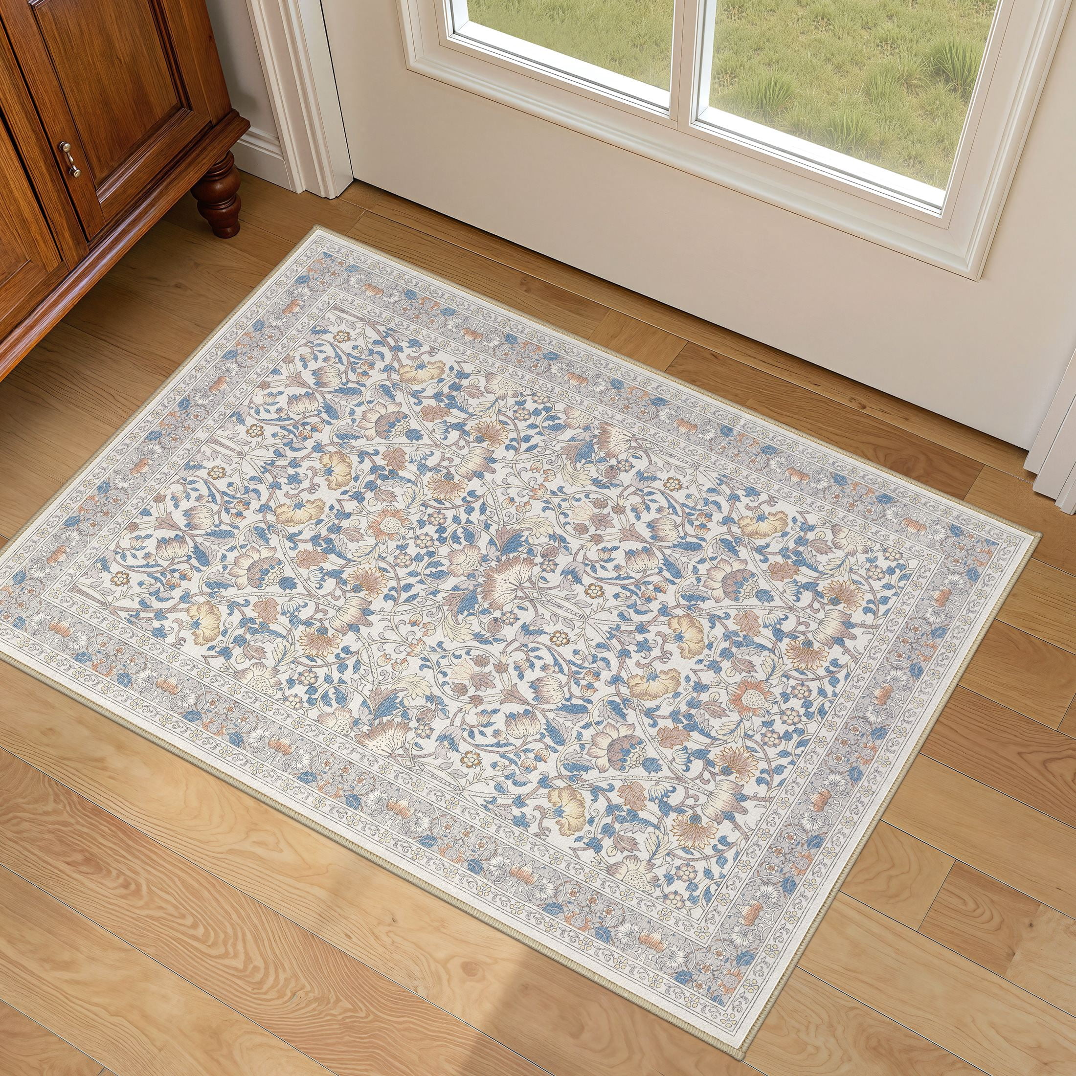 UERMEI 2x3 Small Area Rugs for Entryway, Machine Washable Non Slip Indoor Door Mats, Floral Throw Rug for Bedroom Hallway, Laundry Room Carpets - Beige/Blue/Brown