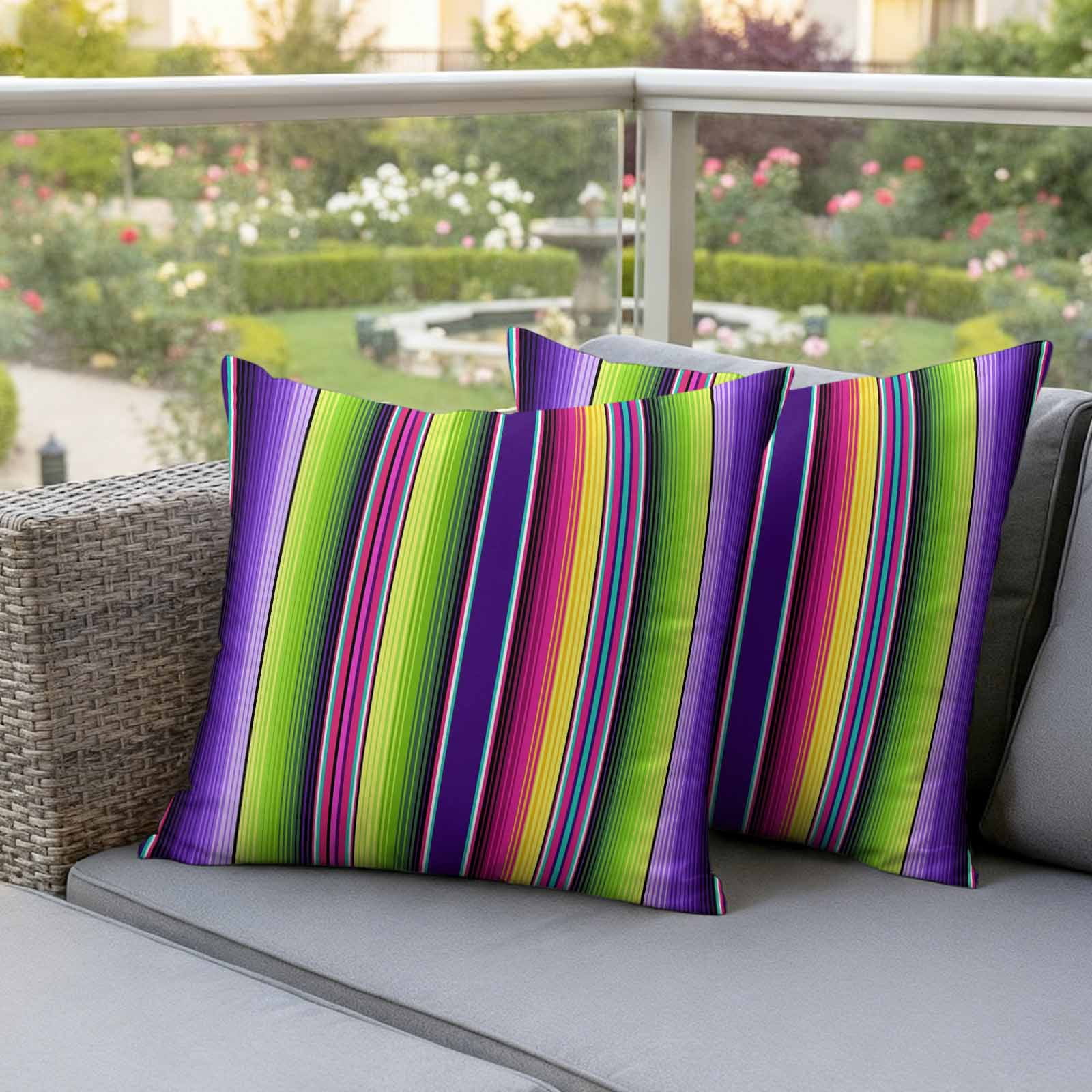 Mexican Style Outdoor Waterproof Throw Pillow Covers 20x20 Set of 2, Colorful Mexico Stripes Purple Green Decorative Pillowcases Cushion Pillowcase for Couch Sofa Patio Outside Pillow Protector