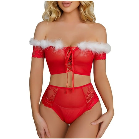 

DNDKILG Womens Lingerie Sexy Set Off the Shoulder Bra and Panty Sets Christmas Costume Feather Bodysuit High Waisted Red XL