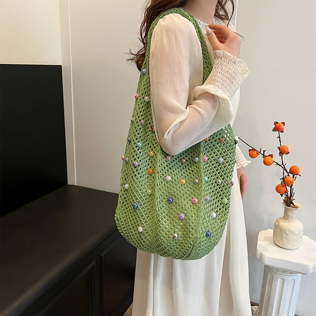 Aurgiarme Women's Crochet Beach Bag Knit Shoulder Bag with Beads Decoration Large Capacity Underarm Handbag for Outdoor