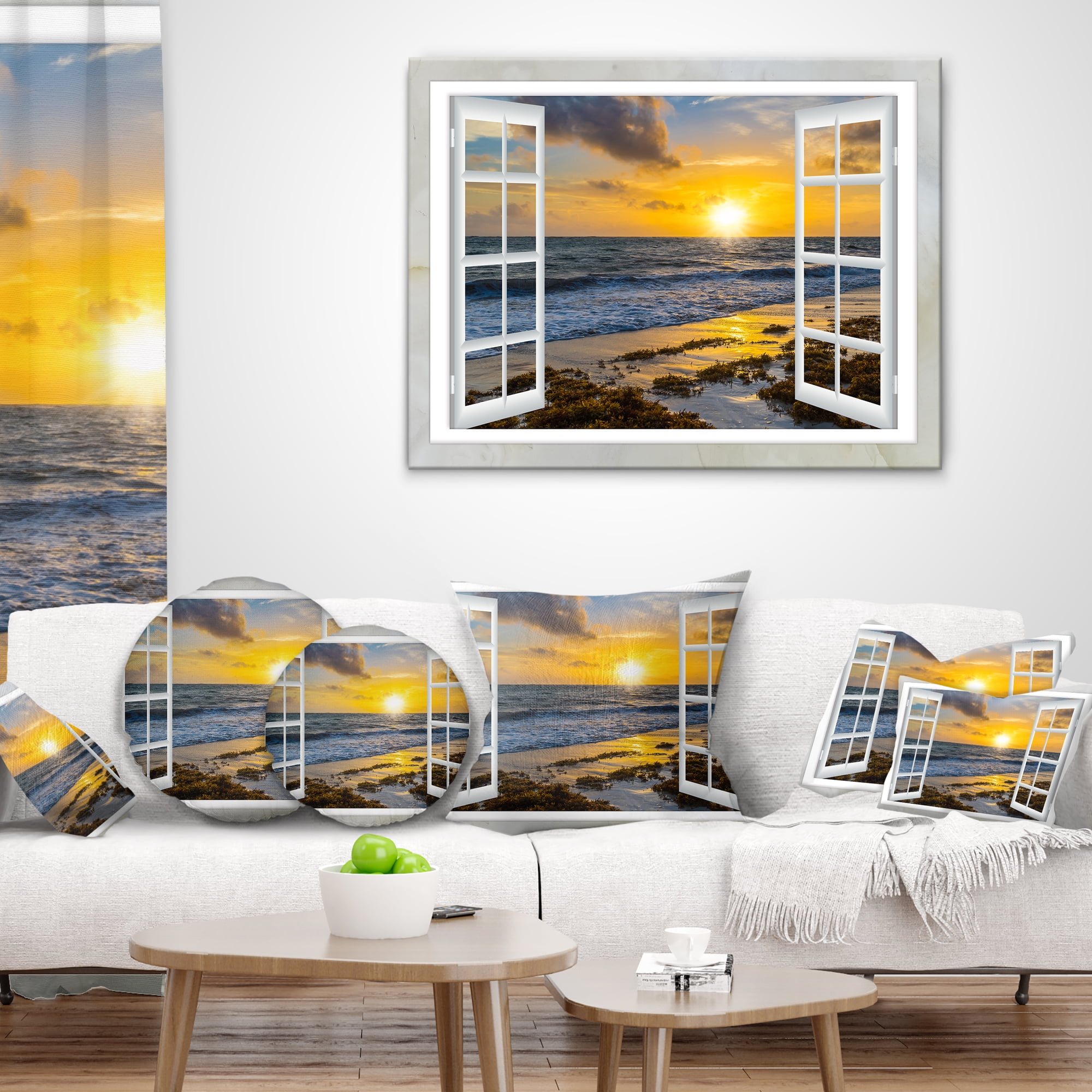Designart Open Window to Bright Yellow Sunset - Modern Seascape Throw Pillow - 18x18