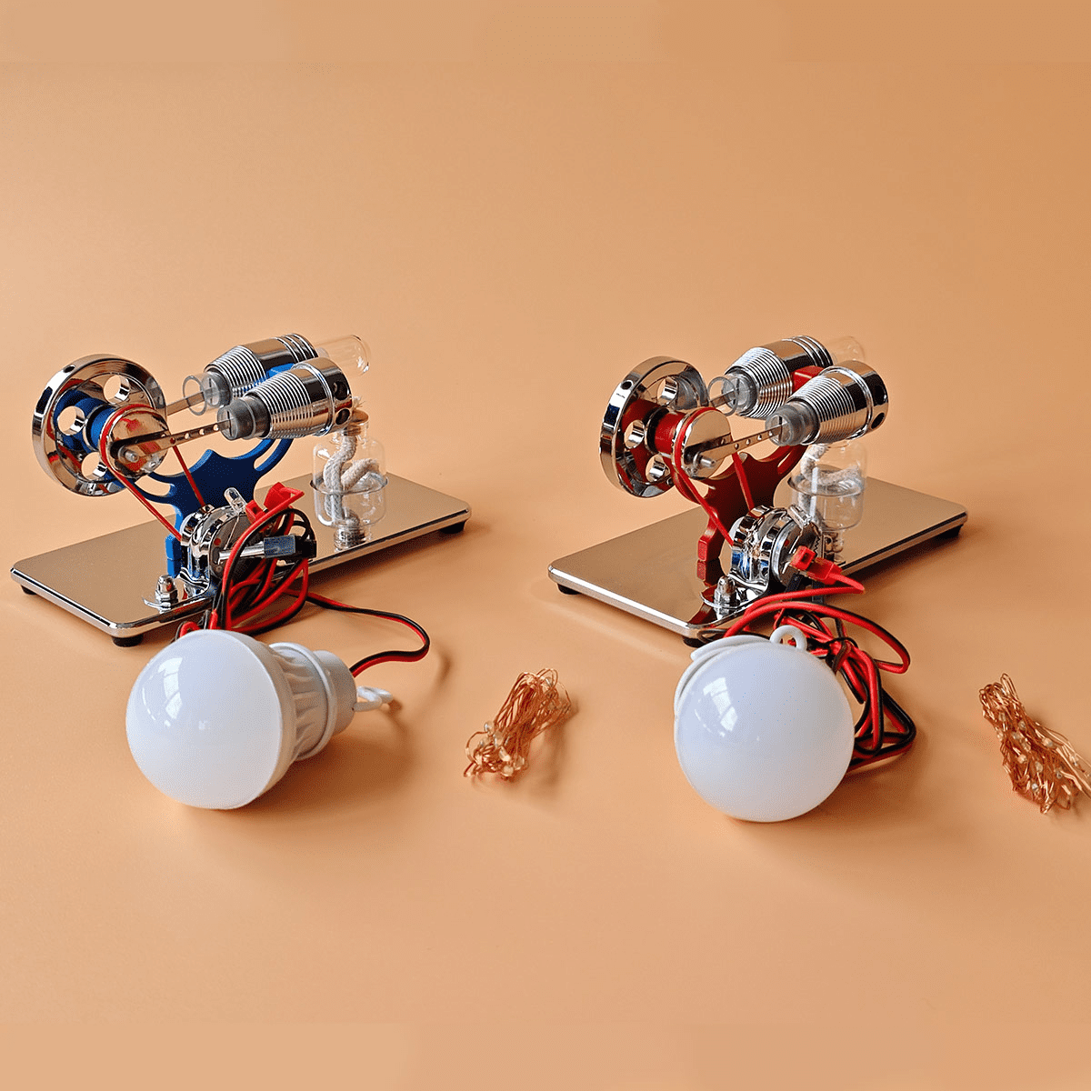 γ-Type Stirling Engine Generator Model with LED Lights, Mirror Finish Hot Air Engine, Metal Mechanical Thermal Energy Power Generator, Physics Science Experiment Kit, Desk Display for Teens & Adults