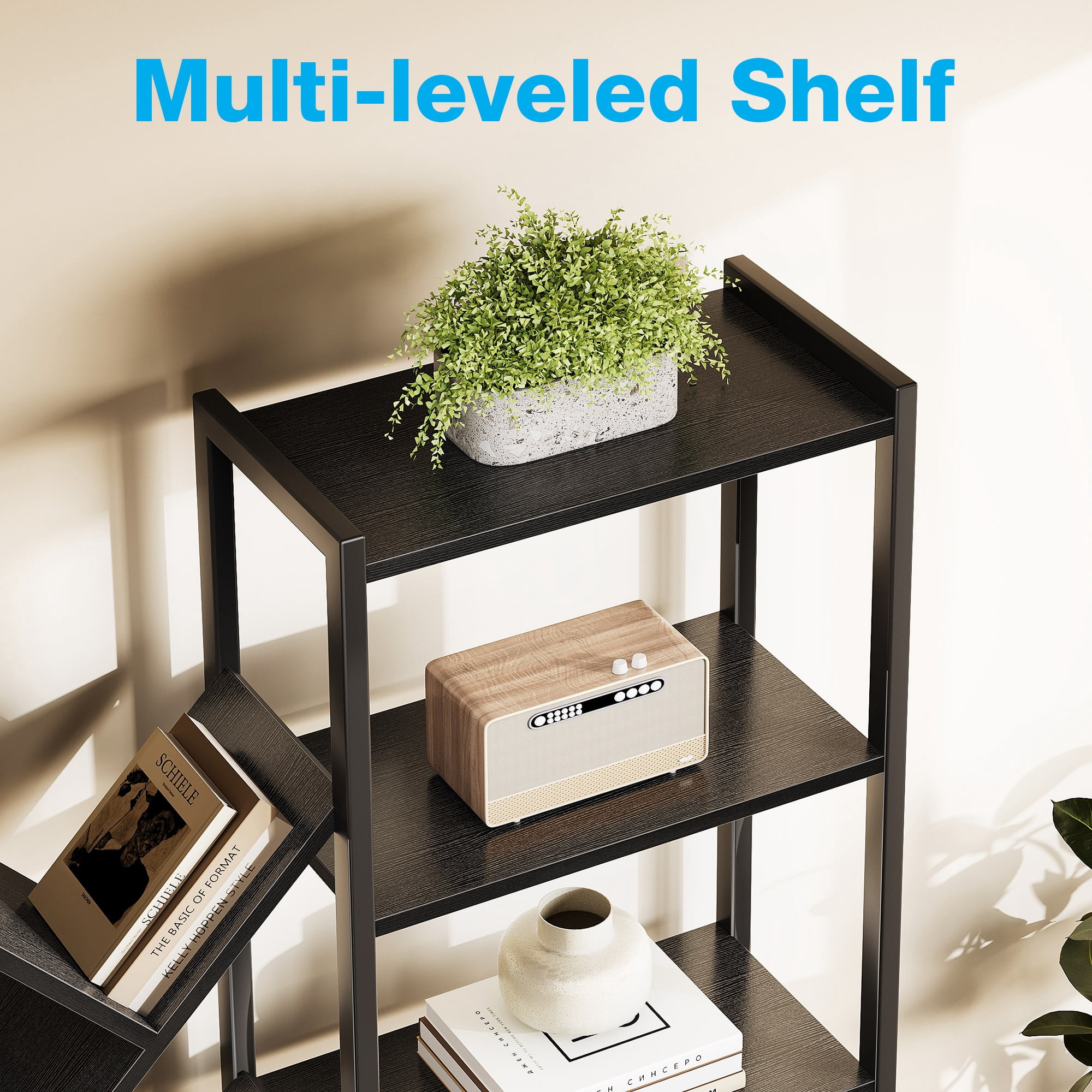 Triple 5-Tier Bookshelf with LED Lights for Living Room, 17 Open Shelves Large Bookcase with App Control RGB Light Strip, Modern Tree Design Storage Shelf with Metal Frame, Black