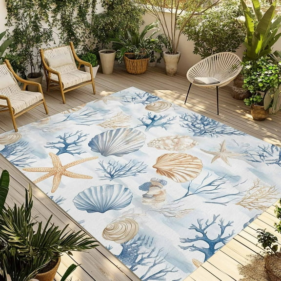 Fsddascl Coastal Blue Outdoor Rug for Patio/Deck/Porch, Non-Slip Large Area Rug 4 x 6 Ft, Coral Starfish Seashells Beach Summer Indoor Outdoor Rugs Washable Area Rugs, Reversible Camping Rug Carpet