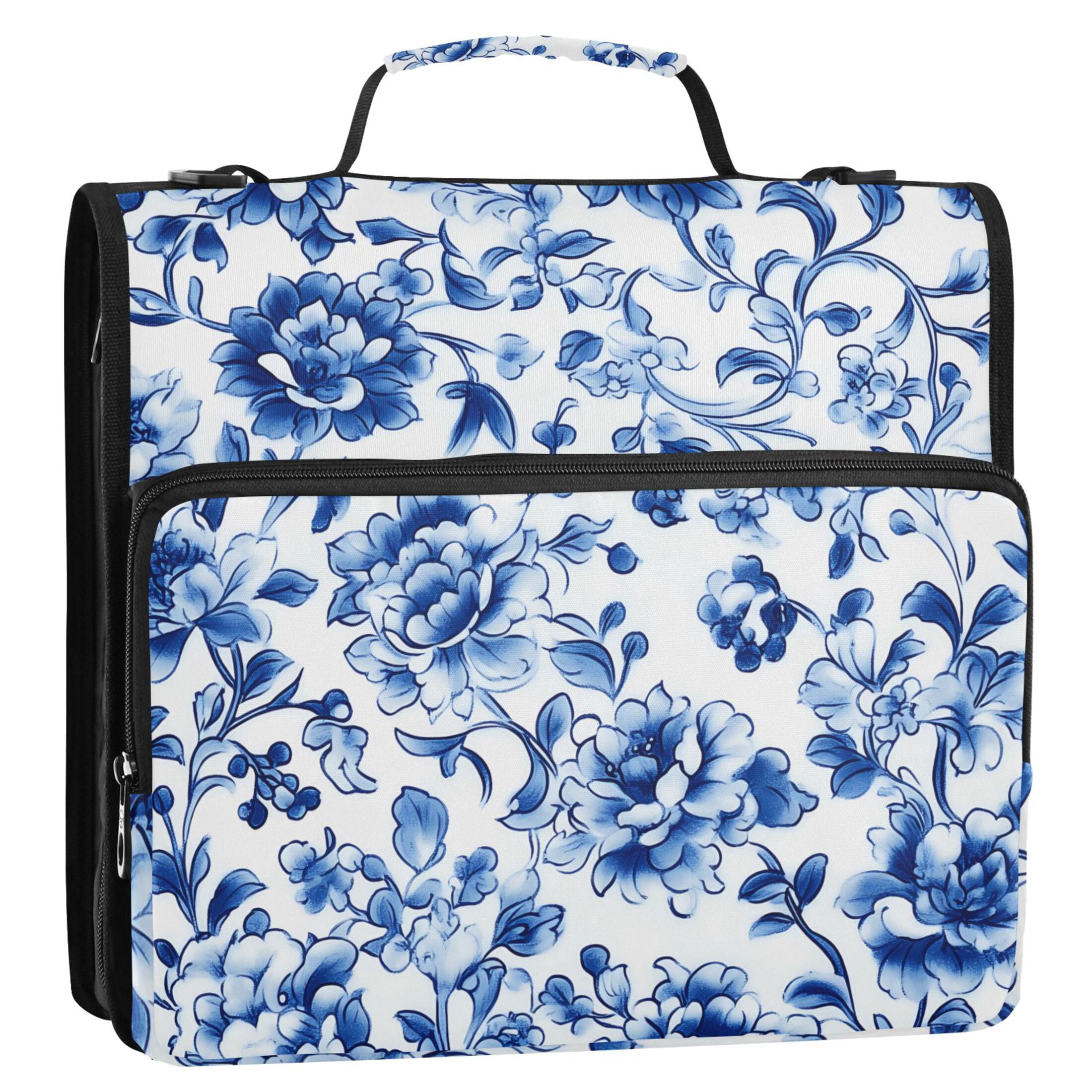 3 Ring Zipper Binder with Shoulder Strap Waterproof Trapper Keeper 2 Inch D-Ring 500 Sheets Capacity Blue and White Porcelain Floral