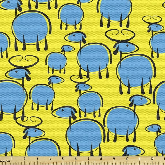 Goat Upholstery Fabric by the Yard, Hand-Drawn Doodle Goat Sheep Pattern with Vibrant Colors Farm Animals Theme, Decorative Fabric for DIY Home Accents, 10 Yards, Blue Yellow Black by Ambesonne