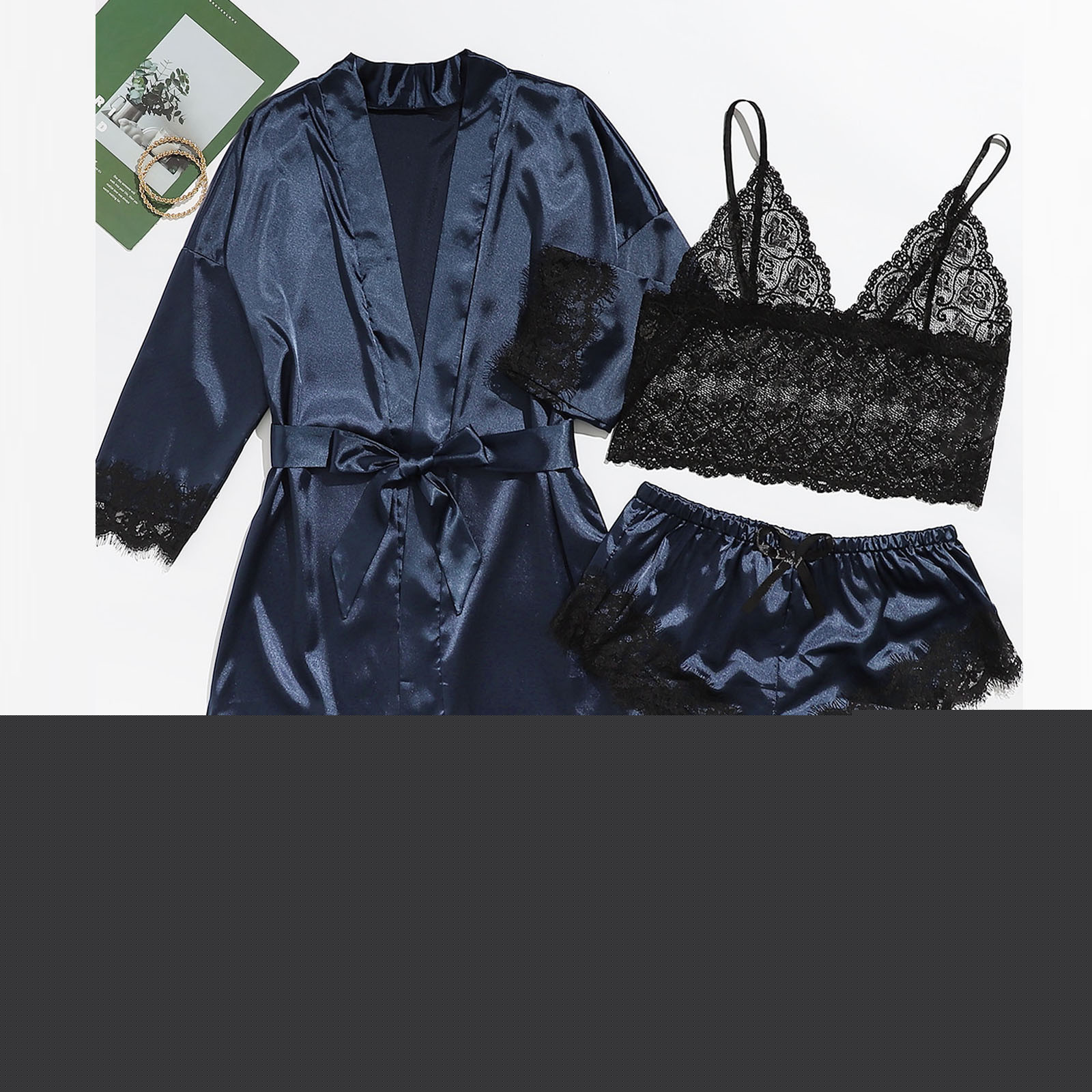 thumbnail image 2 of Dezsed Women's Satin Pajama Set 4pcs Lace Trim Cami Lingerie Sleepwear with Robe Women Wireless Bra Camisole Shorts Pajamas Robe Four Piece Set Navy L, 2 of 8