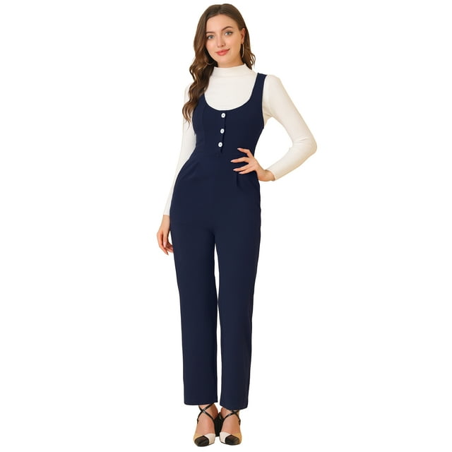 Mamelucos Casuales con Bolsillos Allegra K Pantalones de Pierna Ancha Mono de Punto Azul Marino XS