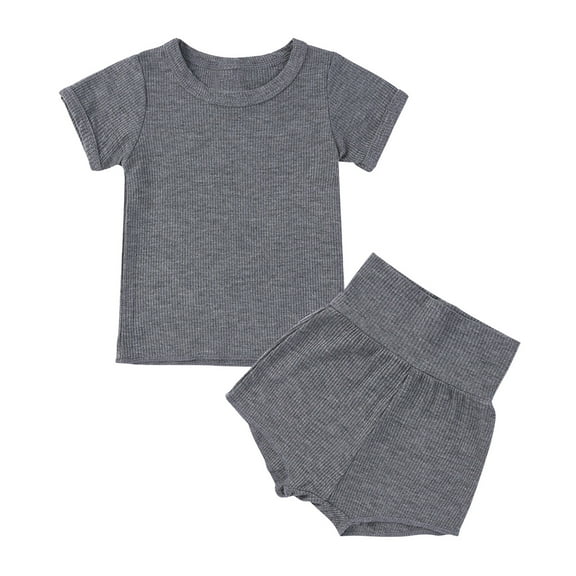 Elainilye Fashion Toddler Kids Baby Summer Outfits Boys Girls Cotton Short Sleeve Top High Waist Shorts Two-piece Set,Gray