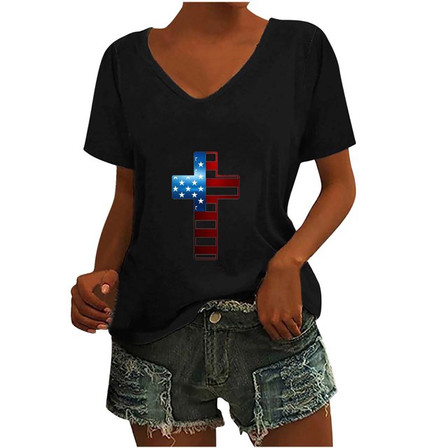 Camisetas Casuales de las Mujeres Gradiente Día de la Independencia Impreso Cuello Redondo, Blusa de Manga Corta para Diario, Fiesta Y Primavera Verano