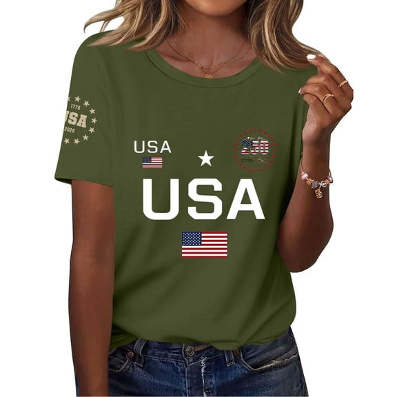Domuza USA Flag Tee Shirt for Women 250 Anniversary USA Shirt Casual Short Sleeve American Proud Patriotic T-Shirt Tops Army Green 3XL