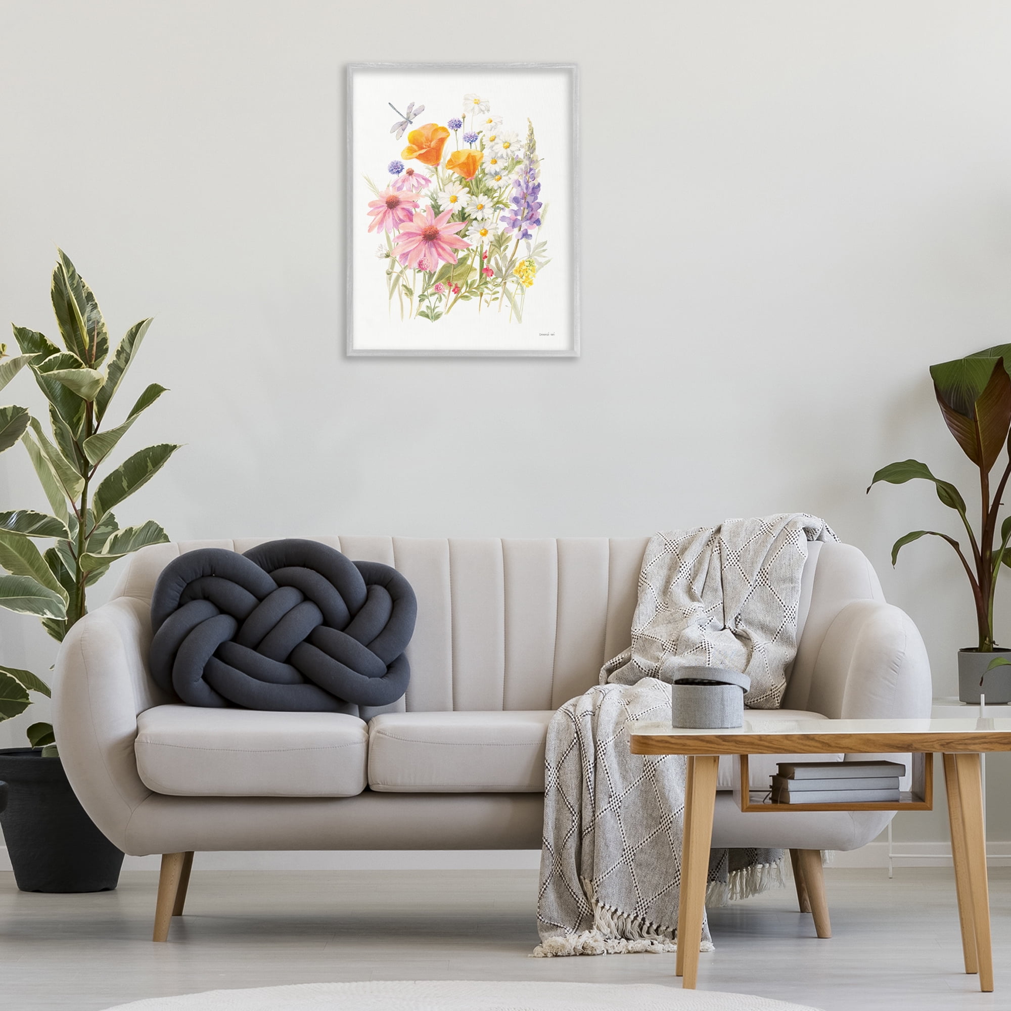Stupell Industries Bright Flowers & Dragonfly Botanical & Floral Painting Gray Framed Art Print Wall Art, 24 x 30