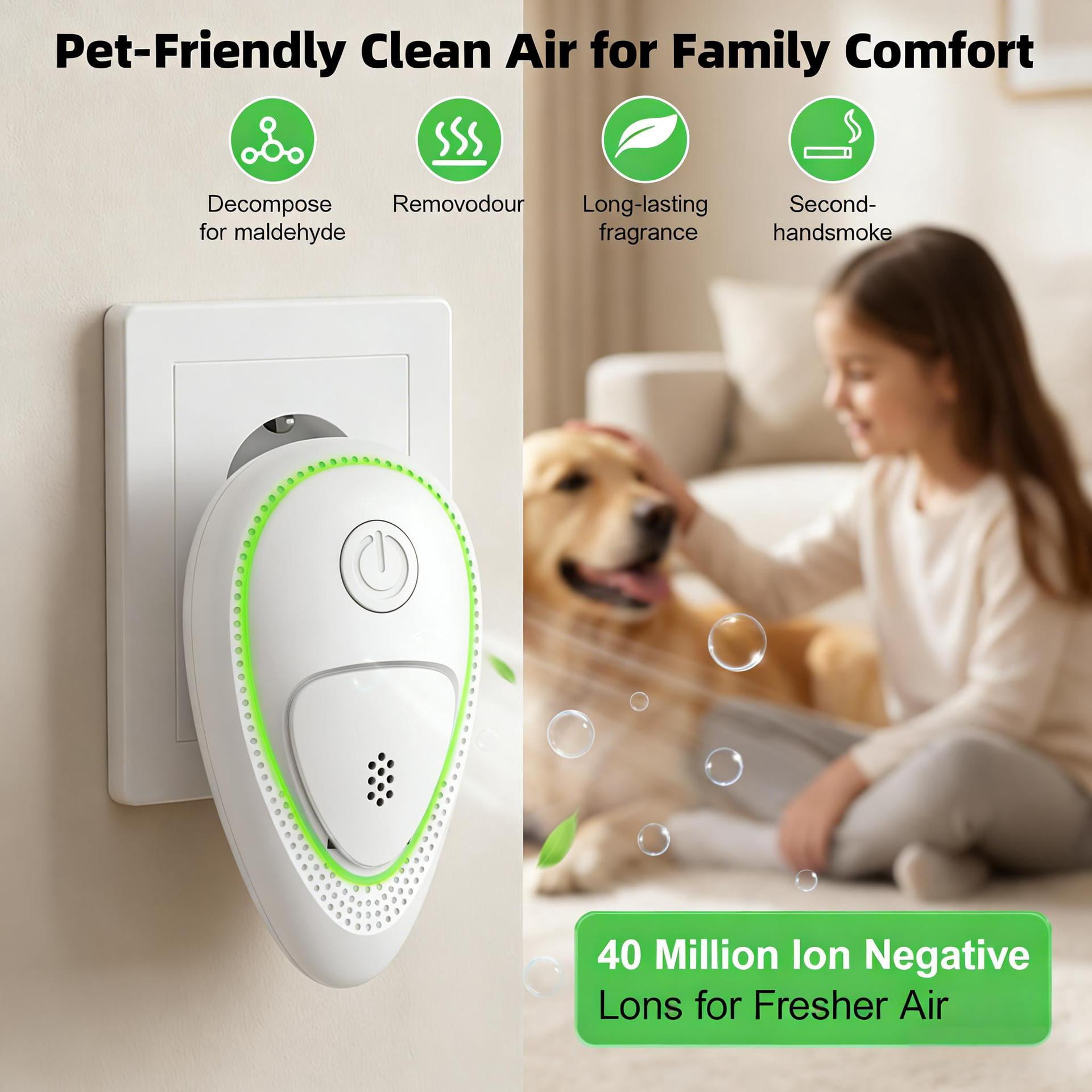 Portable Air Purifier for Allergies and Pets, Ionic Air Ionizer with Electrostatic Purification for Mold, Smoke and Odors, Small Room Plug-in Air Deodorizer for Nursery, Office and Travel