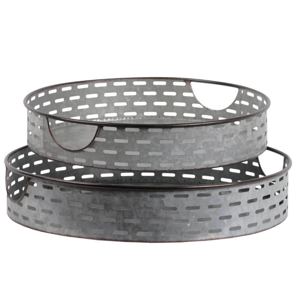 Galvanized Round Metal Tray With Cutout Handles, Set Of 2, Gray