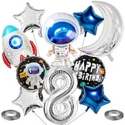 10 PCS Space Theme 0-9 Birthday Balloons Decoration, Big Foil Mylar Number 8 Astronaut Spaceman Rocket Moon Star Balloons for Boy Space Galaxy Theme Birthday Party Supplies