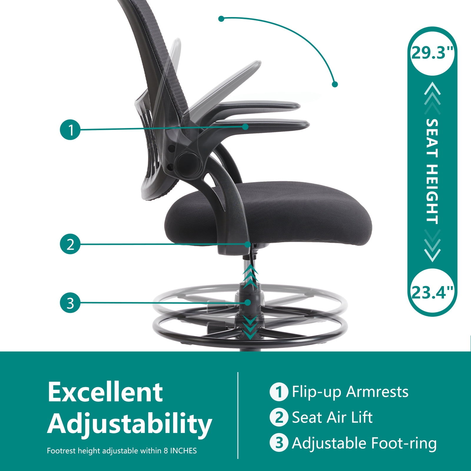 GIANNA Ergonomic Tall Mesh Office Chair with Storable Lumbar Support, Adjustable Foot Ring, Armrests, and Mid-Back Design – High Task Chair with Wheels, Black