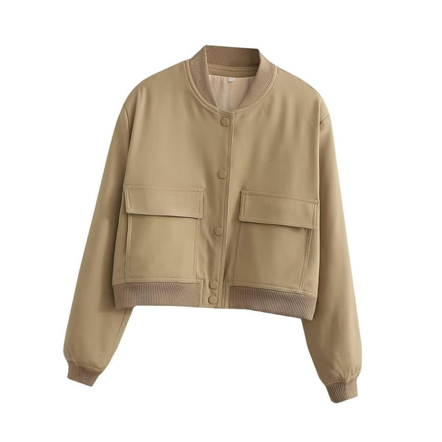 Chaqueta de mujer, abrigo informal para mujer, moda de mujer con bolsillos, ropa informal recortada sólida, chaqueta femenina para viajes, vacaciones, , Khaki, M Fernando chaqueta de primavera para mujer