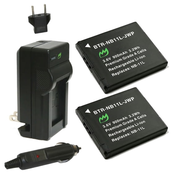 Replacement for Canon A2300 Battery (2-Pack, 900mAh) and Charger with Car Adapter