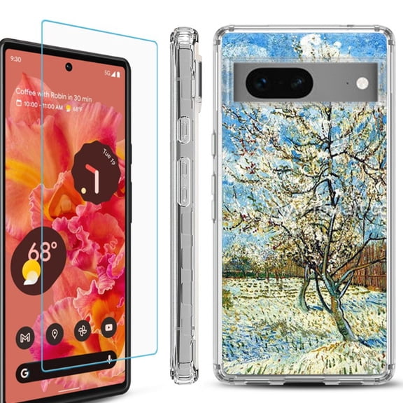 OneToughShield ® Compatible with Google Pixel 8, Shockproof Phone Case, with Tempered Glass Screen Protector - Peach Tree Blossom