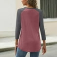 thumbnail image 4 of Pxiakgy 3/4 Length Sleeve Womens Tops Cotton Dressy Button V Neck Henley Shirt Casual Raglan Shirts Color Block Tunic Blouses Loose Fit Three Quarter Sleeve Tops Woman Printed V Neck T Shirt Wine M, 4 of 5