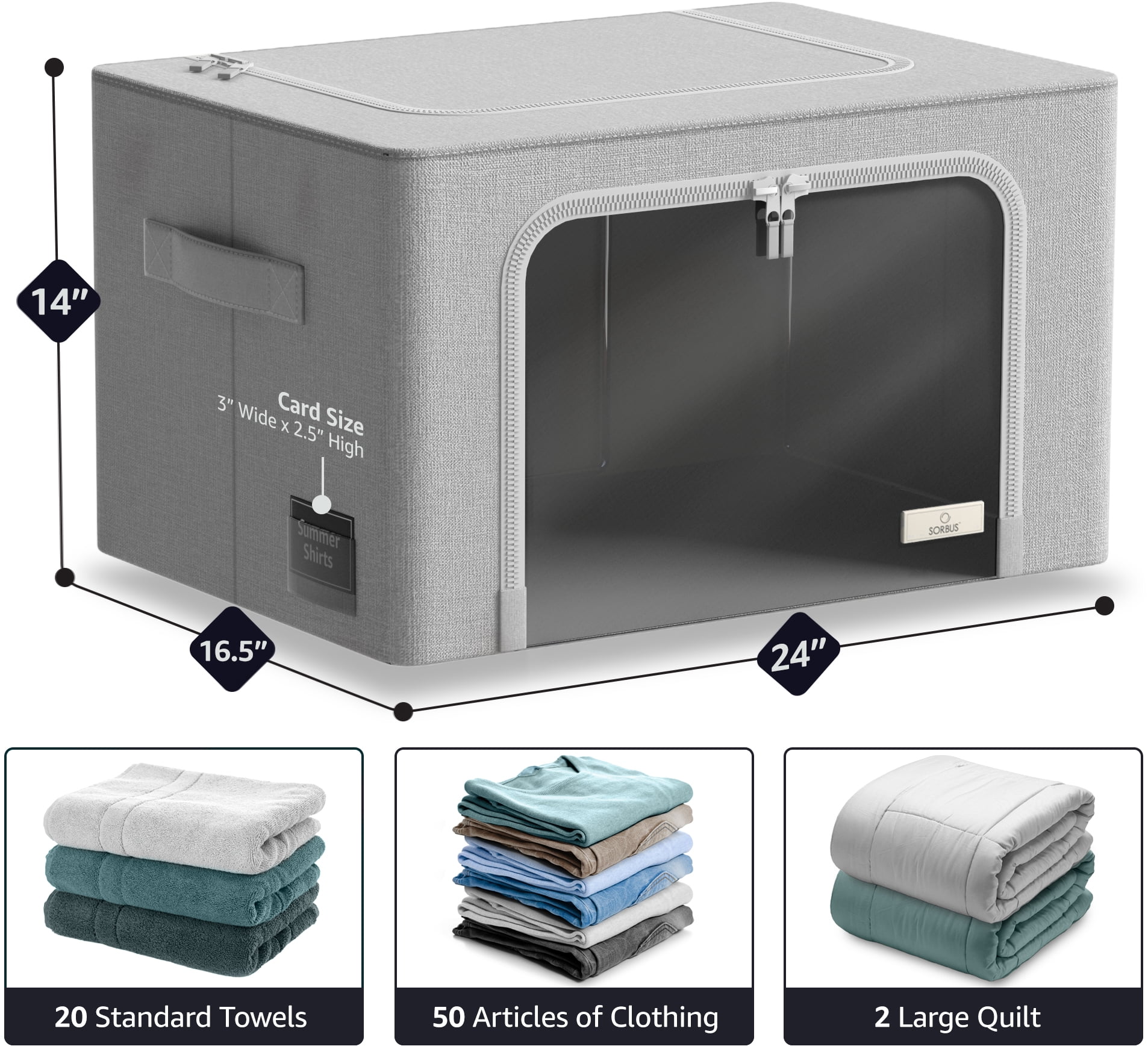 Sorbus Jumbo Storage Bins with Metal Frame Stackable Foldable Clothes Organizer Bags Oxford Fabric & Clear Window & Handles- 4Pk