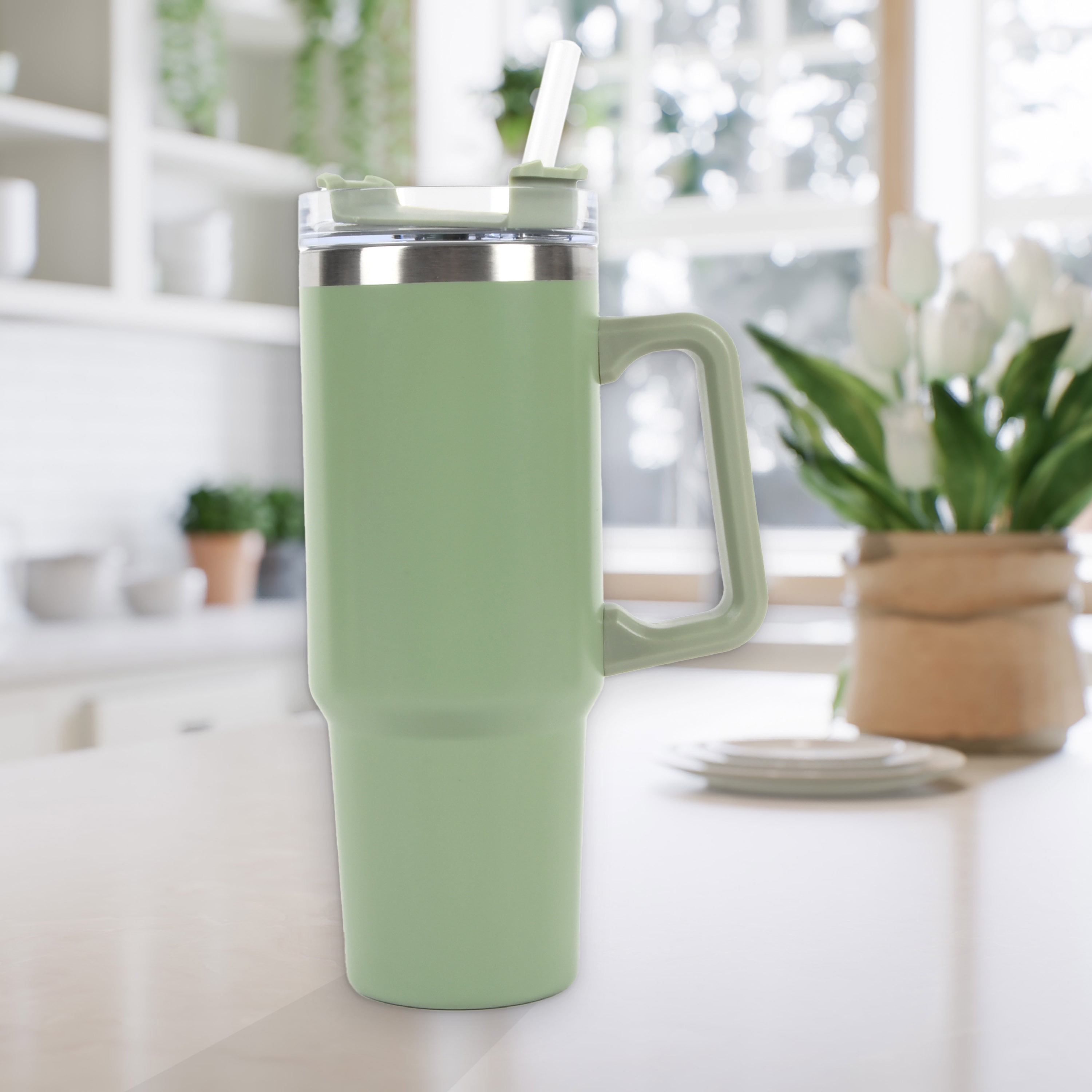 New View Gifts 30oz Tumbler Mug with Lid and Straw, Reusable Insulated Mug with Handle, Stainless Steel Tumbler for Iced & Hot Beverages, Green
