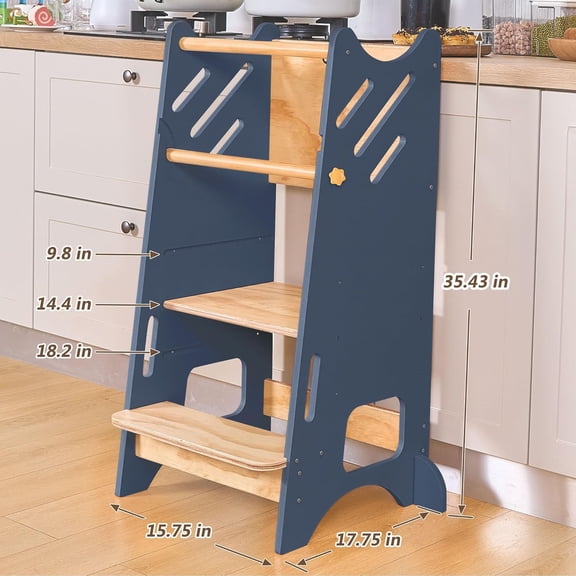 Toddler Standing Tower with Safty Rail & Non-Slip Pads, 3 Height Adjustable Toddler Tower with Chalkboard, Great for Kitchen Activities, Hand Washing & Creative Play, Blue