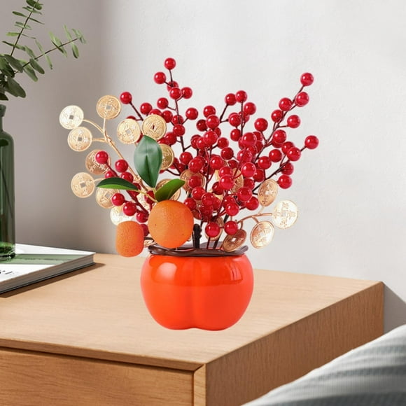 Elodie Chinese New Year Decoration Artificial Flower Bouquet Fake Flower Blessing Bucket Chinese Spring Festival Gift for Home Party Tangerine