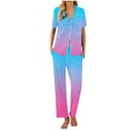 thumbnail image 2 of Pijama de manga corta con estampado fino y pantalones largos con solapa para mujer, top y pantalones de poliéster., 2 of 5