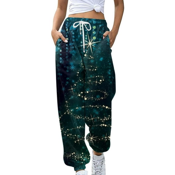 VALMASS Jogger Sweatpants Women Christmas Graphic Elastic High Waist Casual Pants Straight Leg Full Length Workout Trousers (S, Green)