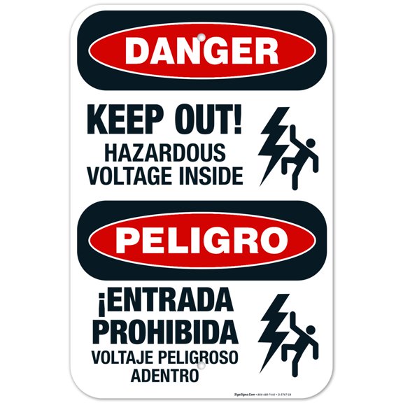 Keep Out Hazardous Voltage Inside Bilingual Sign, OSHA Danger Sign, 12x18 Aluminum