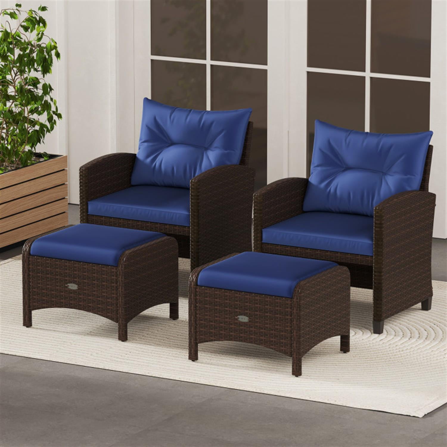 Demi Bonn 2 Pieces Outdoor Patio PE Wicker Ottomans with Removable Cushions for Yard, Pool or Backyard, Blue