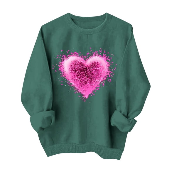 Womens Valentines Day Gifts Soft Heart Tee Hoodless Round Neck Pullover Shirts Casual Long Sleeved Top ECG Love Tees Comfy Romance Outfits Classic Couple Clothes