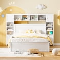 thumbnail image 2 of Queen Size Platform Bed with All-in-One Cabinet and Shelf, Storage Bed with Trundle, 2 Drawers and Bookcase Headboard, Solid Wood Bed Frame with Slats Support, No Box Spring Needed, White, 2 of 9
