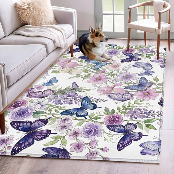 Pink Flowers Area Rugs 4'x6', Washable Small Throw Rugs for Office Bathroom, Spring Floral Purple Butterflies Watercolor Indoor Outdoor Rug Non-Slip Low Pile Carpet Runner Reversible Floor Mats