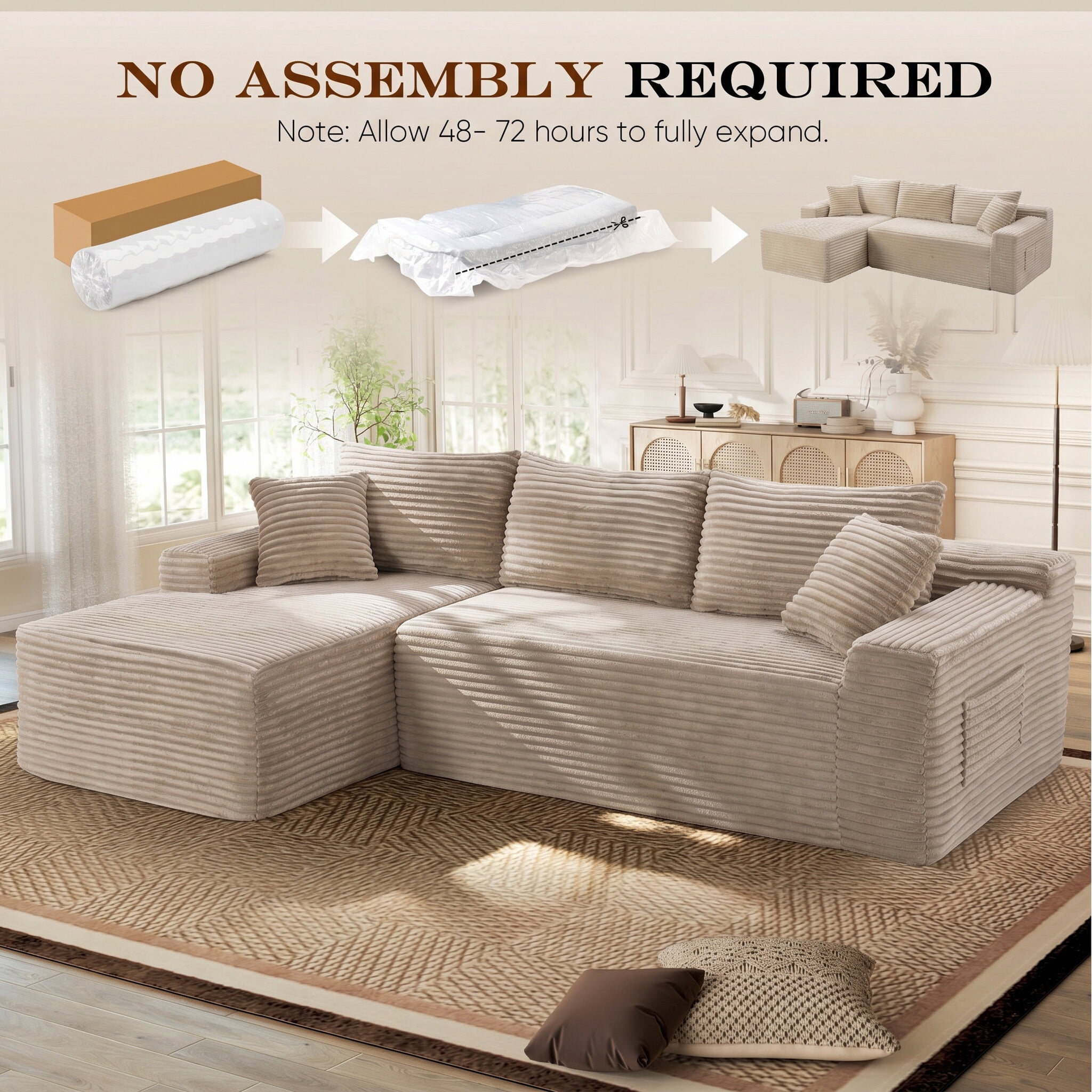 Lunale Small Modular Sectional Sofa with Movable Chaise, L-Shaped Boneless Cloud Couch for Living Room, Camel (Left Facing Chaise)