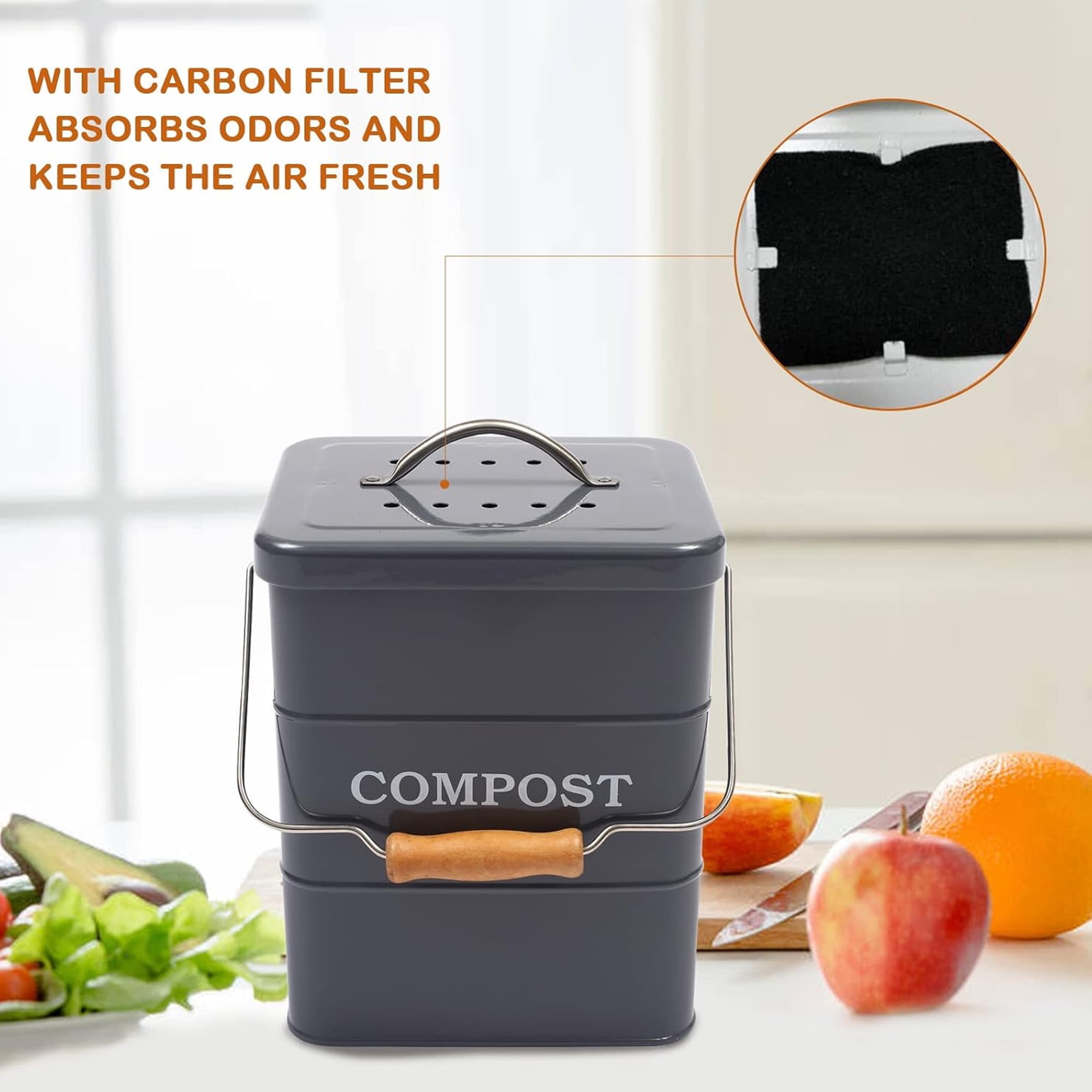 Pethiy Kitchen Compost Bin, 1 Gallon Countertop Compost Bin with Lid, Indoor Compost Bucket Includes Charcoal Filter, Small Compost Bin with Carbon Steel, Handles, Recycle Bin for Food Was